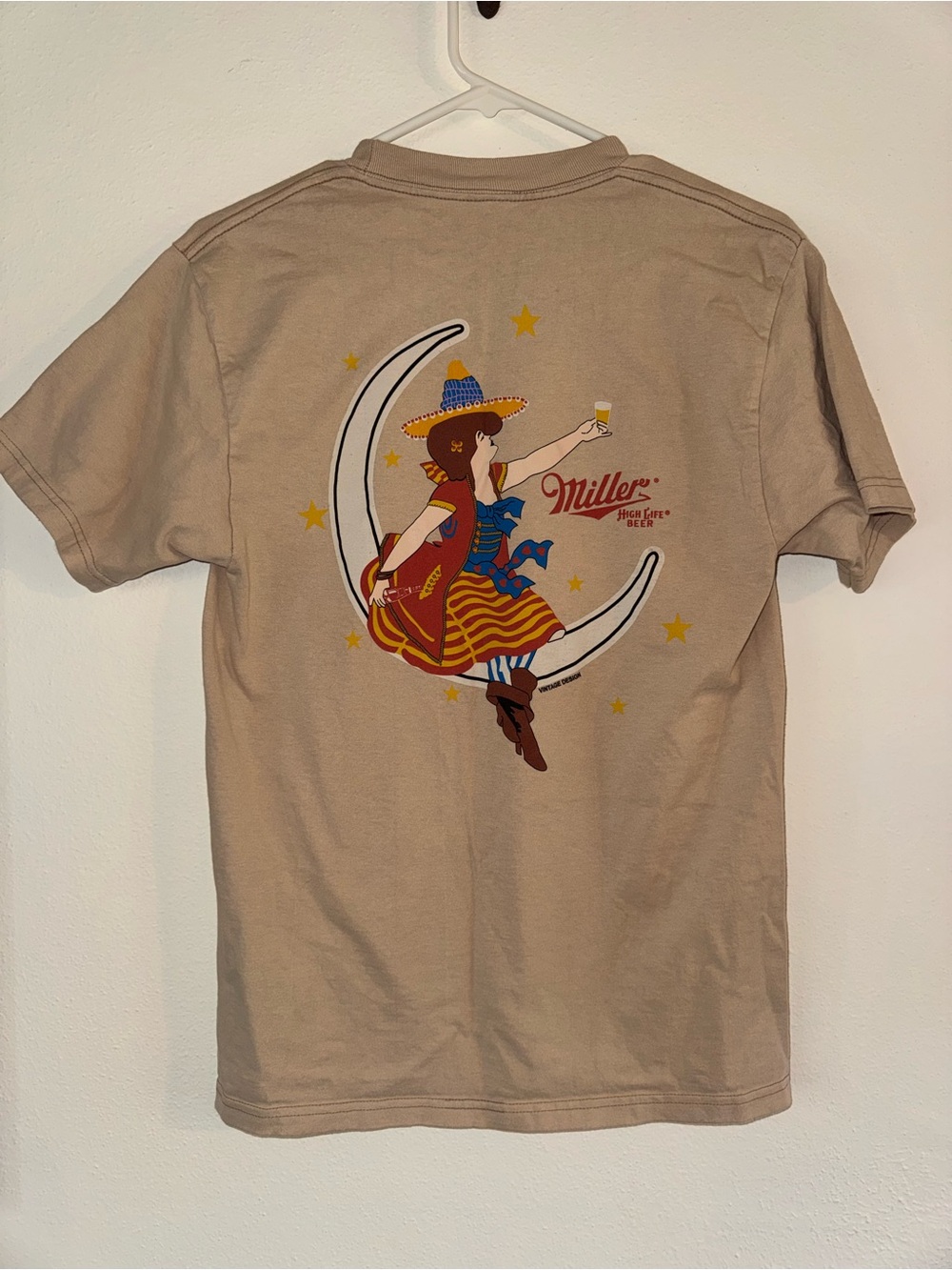 Miller High Life Girl Graphic Tee Tan Cotton Crewneck Short Sleeve Sz S